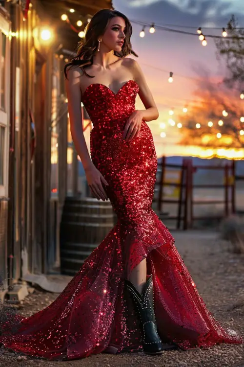 A woman wears black studded cowboy boots with a red sequin dress
