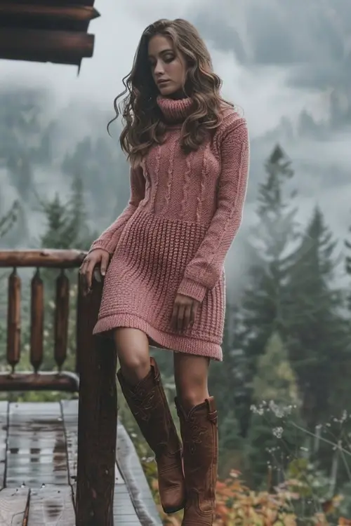 A woman wears brown cowboy boots with a pink sweater dress