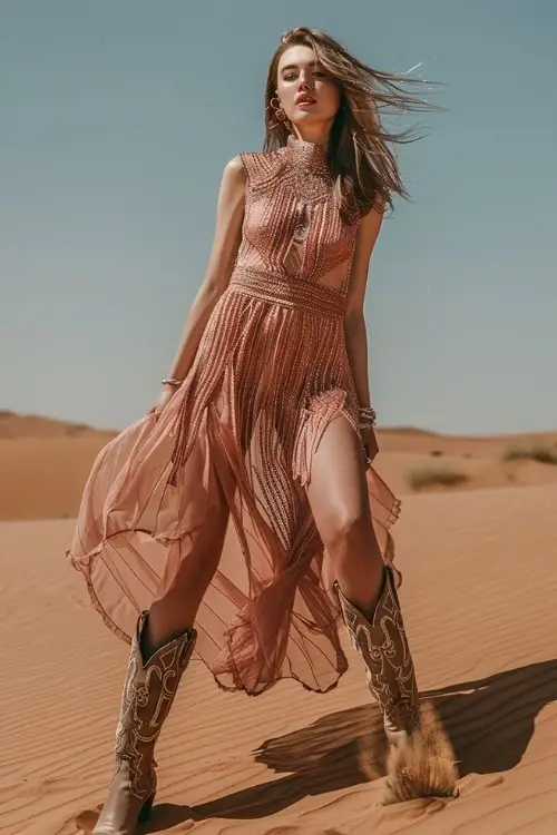 A woman wears brown cowboy boots with a thin flowy dress