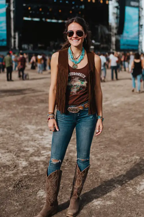 A woman wears brown cowboy boots with distressed skinny jeans, a fitted graphic band tee and suede vest, accessorized with layered turquoise necklaces and a western belt