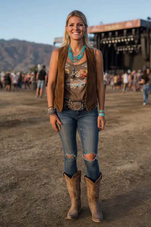 A woman wears brown cowboy boots with distressed skinny jeans, a fitted graphic band tee and suede vest, accessorized with layered turquoise necklaces and a western belt