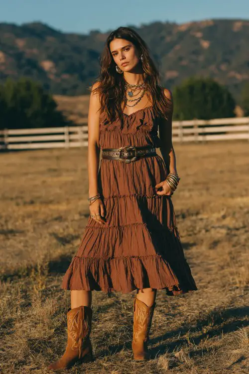 A woman wears classic brown cowboy boots with a tiered boho maxi dress and wide western belt, styled with statement earrings and bangles