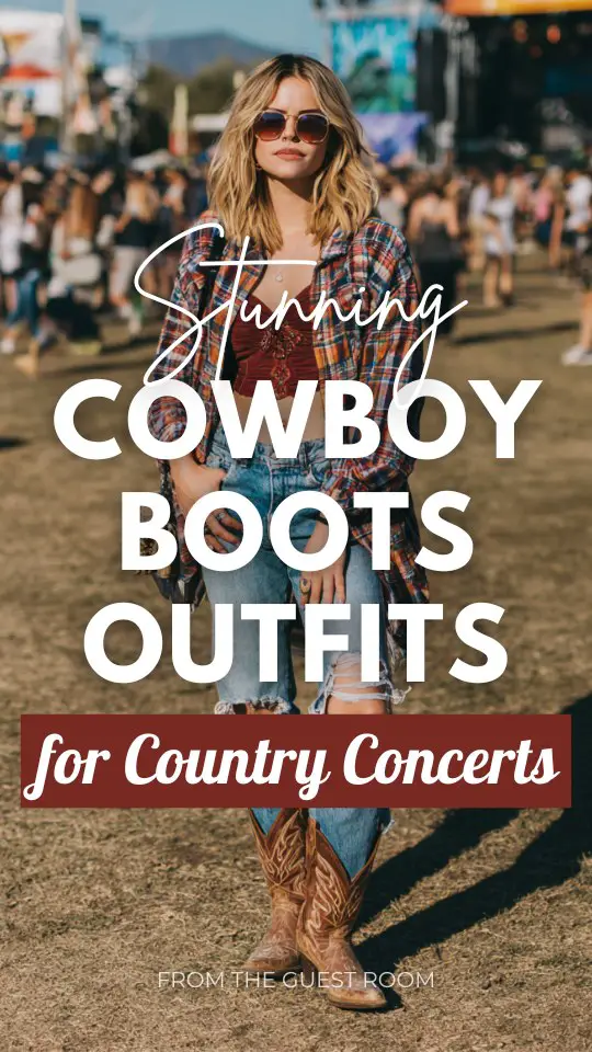 A woman wears country concert outfit with cowboy boots, ripped boyfriend jeans, a fitted crop top and oversized flannel shirt