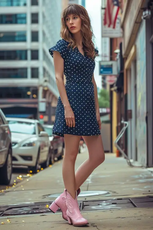 A woman wears cowboy boots with a navy blue dotted dress
