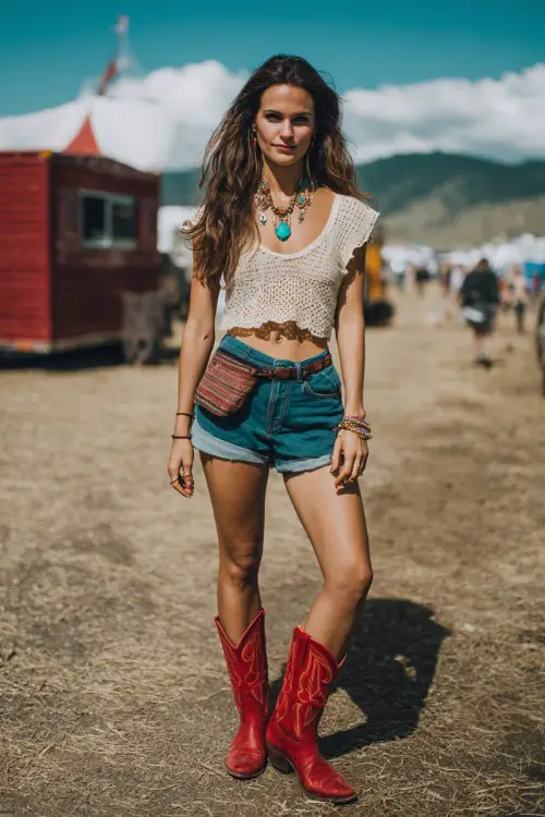 A woman wears high-waisted cut-off shorts with a crochet crop top and bright red cowboy boots, layered turquoise jewelry and a bag