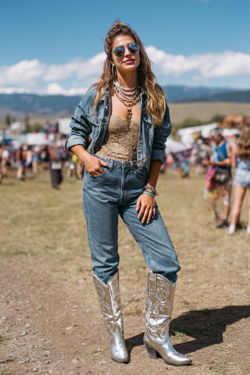 A woman wears metallic cowboy boots with high-rise jeans tucked in, a lace bodysuit and cropped denim jacket, accessorized with layered necklaces and sunglasses
