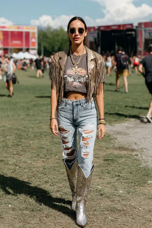 A woman wears metallic cowboy boots with ripped boyfriend jeans, a graphic crop tee and fringe jacket