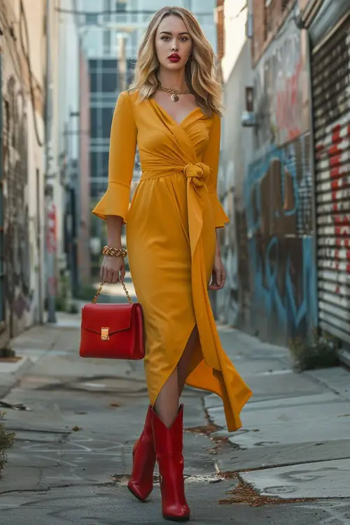 A woman wears red cowboy boots with a yellow wrap dress