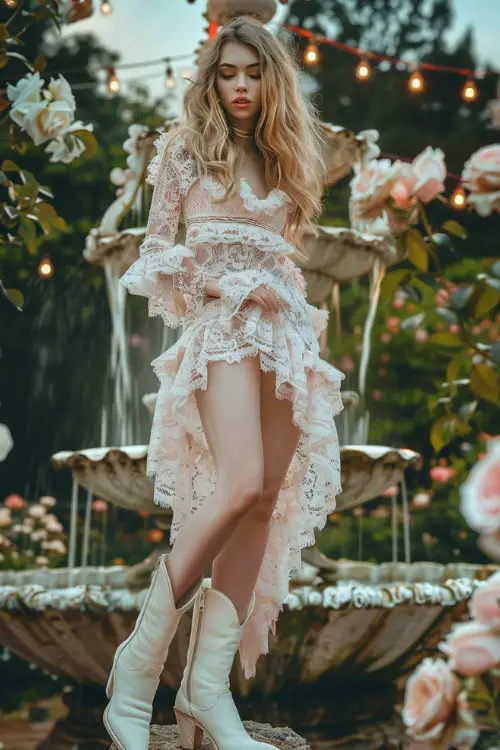 A woman wears white cowboy boots and a lace pink dress