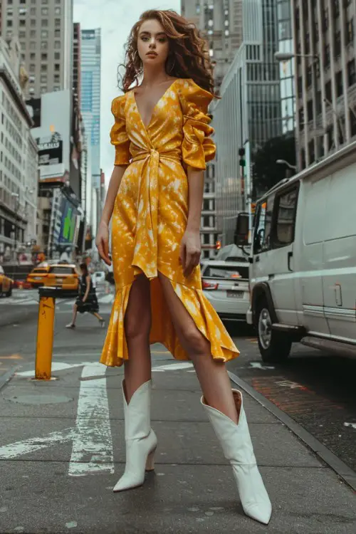 A woman wears white cowboy boots and a yellow wrap dress