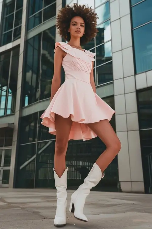 A woman wears white cowboy boots with a light pink dress