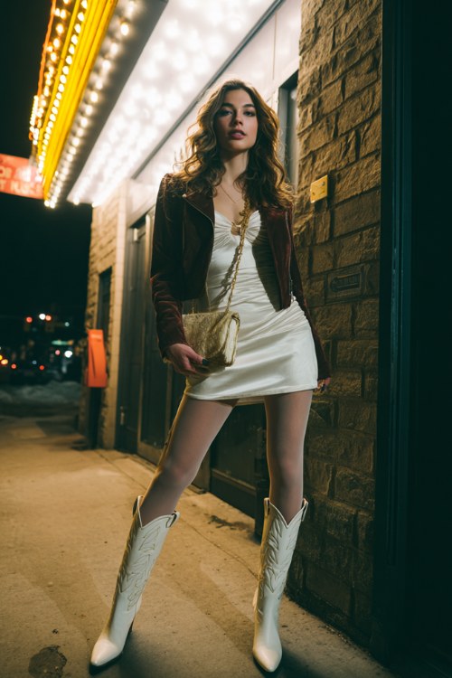 A woman wears white cowboy boots with a velvet mini dress layered over sheer tights, styled with a cropped leather jacket and bold clutch