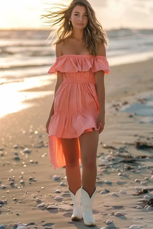 A woman wears white cowboy boots with an off-shoulder pink dress (2)