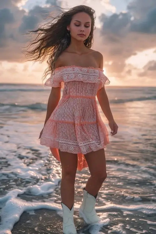 A woman wears white cowboy boots with an off-shoulder tiered dress