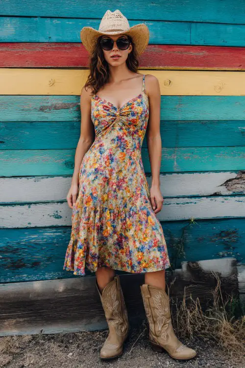 Woman in a colorful floral sleeveless sundress with a flared skirt, straw cowboy hat and sunglasses, standing by a weathered wooden wall with bright paint