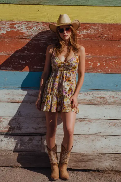 Woman in a colorful floral sleeveless sundress with a flared skirt, straw cowboy hat and sunglasses, standing by a weathered wooden wall with bright paint