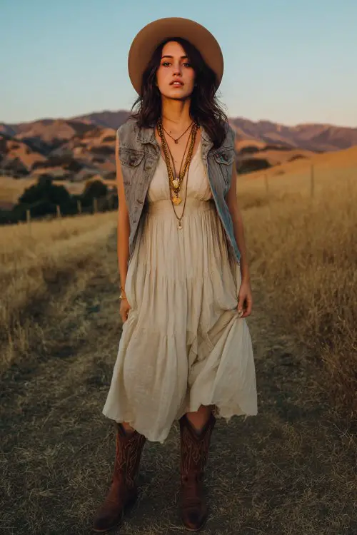 Woman in a flowy light midi dress, denim vest, layered long necklace, standing in grassy field at golden hour, relaxed countryside mood