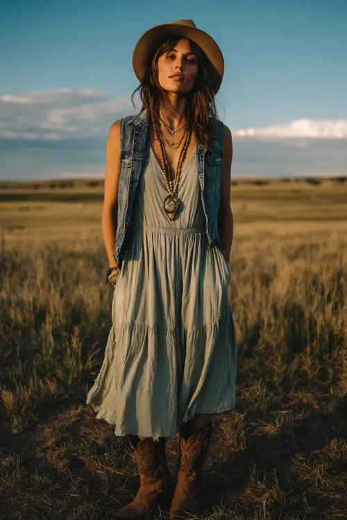 Woman in a flowy light midi dress, denim vest, layered long necklace, standing in grassy field at golden hour