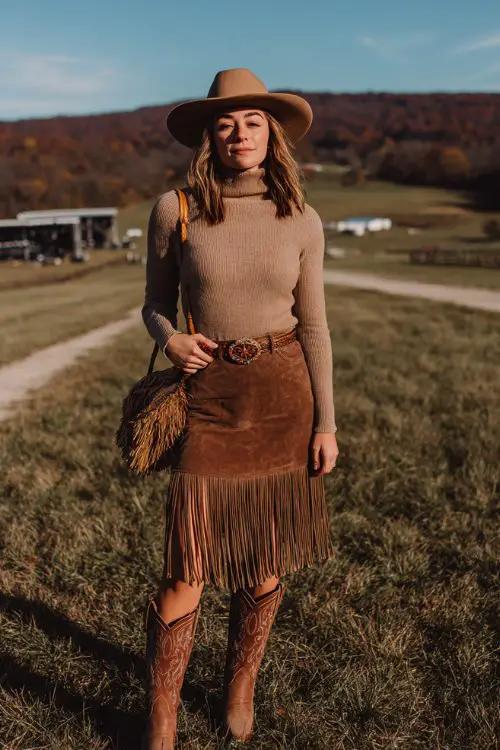 Woman in an open field with a concert stage behind her, wearing a fitted tan turtleneck sweater, brown suede fringe skirt, wide western belt