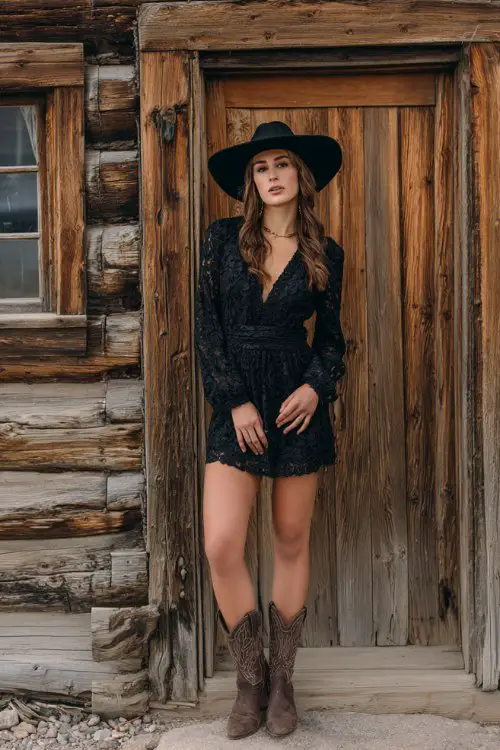 Woman in black embroidered mini dress with long sleeves, black wide-brim hat, standing by an old wooden building, slightly dramatic lighting