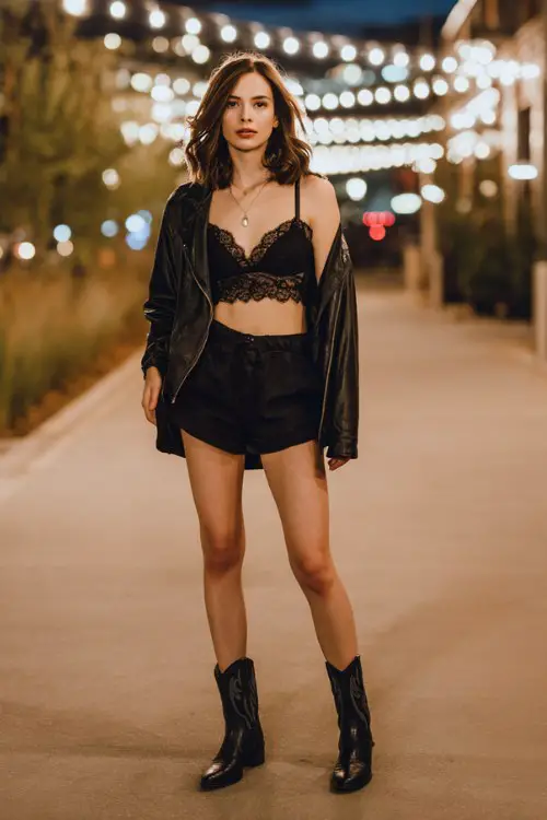 Woman in black lace bralette and shorts with black leather jacket, evening outdoor walkway with soft lights