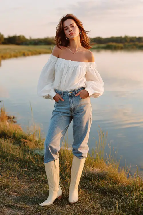 Woman standing by a calm lake at golden hour, wearing an off-shoulder white blouse with voluminous sleeves, high-waisted light wash skinny jeans