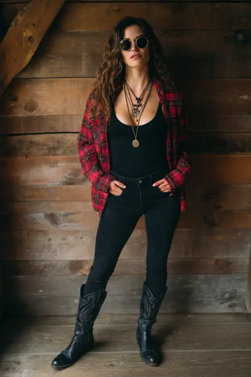 Woman standing indoors wearing black skinny jeans, black tank top, red plaid shirt open, layered necklaces
