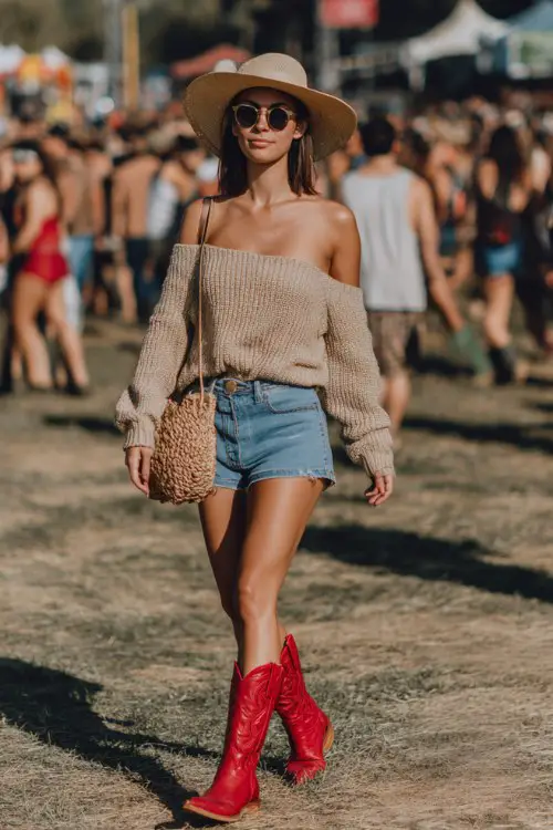 Woman walking at a summer festival wearing off-shoulder beige knit top, denim mini skirt, straw hat, crossbody woven bag