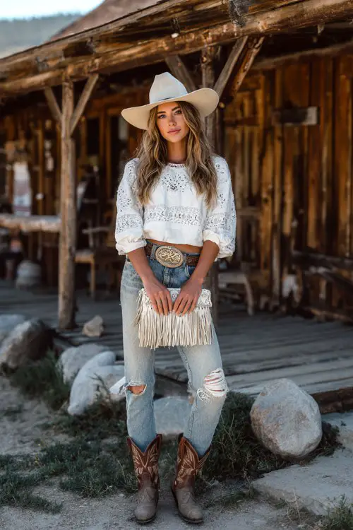 Woman wearing embroidered white peasant blouse, distressed light blue jeans, large western belt buckle, fringe clutch, cream cowboy hat
