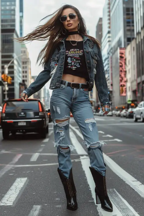 a woman wears a black top, ripped pants and black cowboy boots