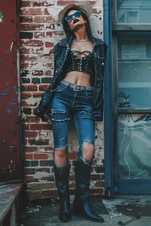 a woman wears a black top, jeans, leather jacket, ripped jeans and black cowboy boots