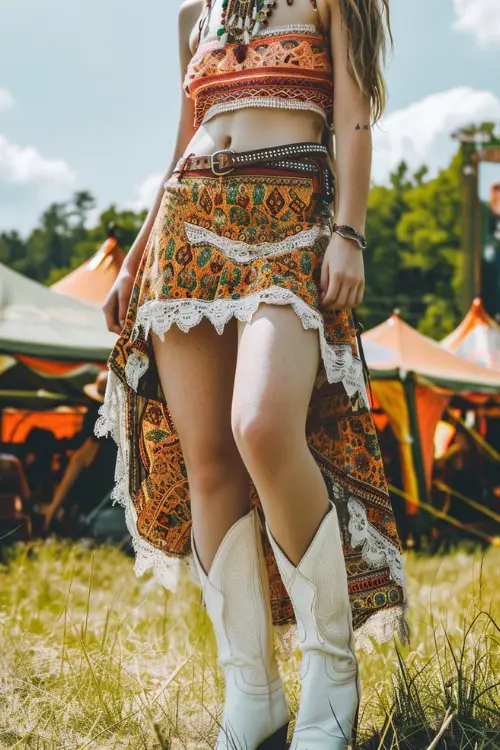 a woman wears a boho crop top with a boho skirt and white cowboy boots