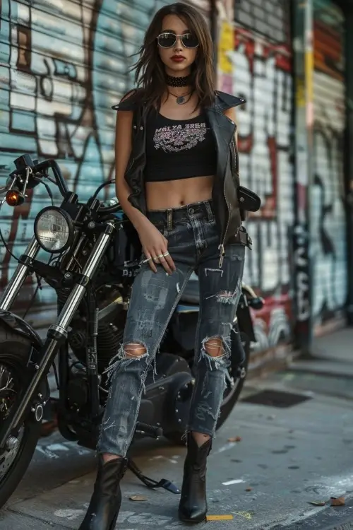 a woman wears black crop top, ripped jeans, leather vest and black cowboy boots