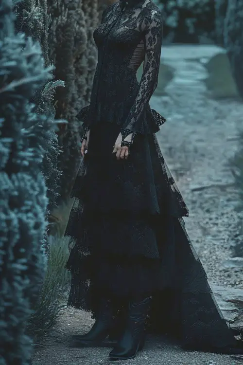 a woman wears black maxi dress with black cowboy boots