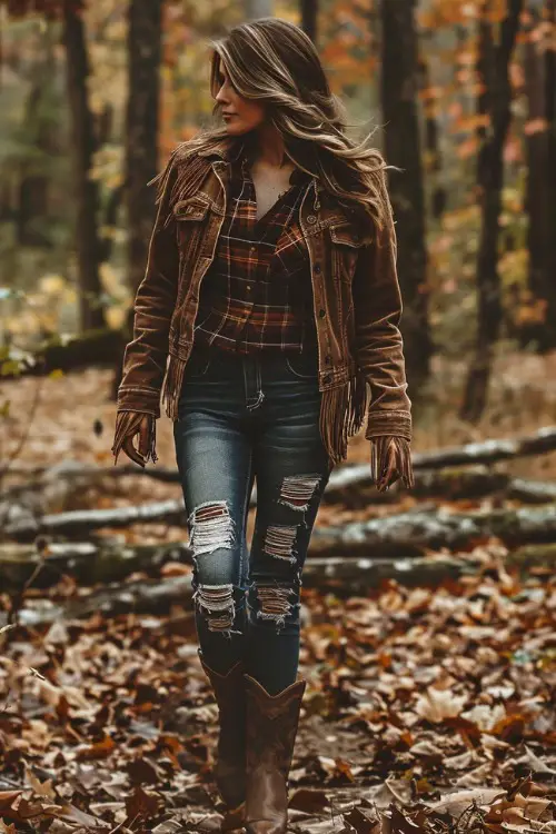 a woman wears brown cowboy boots and ripped jeans, a plaid shirt and a suede jacket