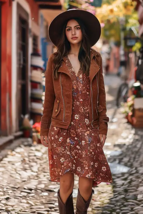 a woman wears cowboy boots, brown dress and brown jacket