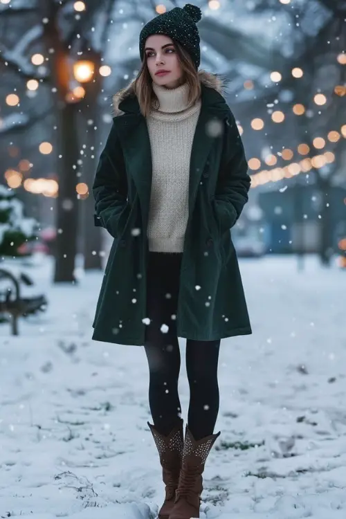 a woman wears cowboy boots with a dark green coat, sweater and leggings