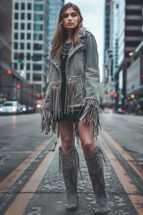 a woman wears grey cowboy boots with black dress and fringe jacket