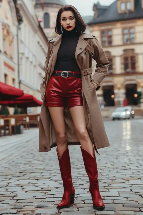 a woman wears leather shorts and red cowboy boots with a long trench coat