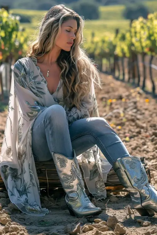 a woman wears silver cowboy boots with jeans and a long kimono