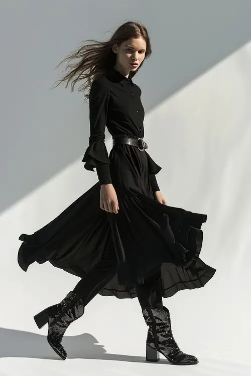 a woman wears sparkly black cowboy boots with a long black dress