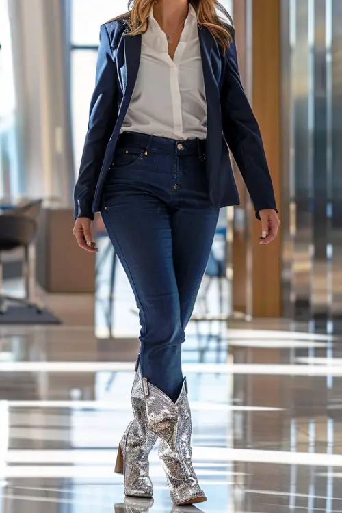 a woman wears sparkly cowboy boots, a white shirt, blazer and jeans