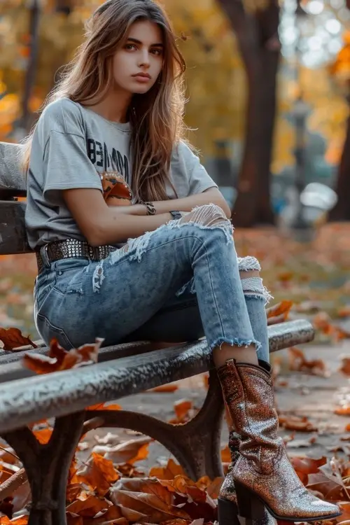 a woman wears sparkly cowboy boots with ripped jeans and a T shirt