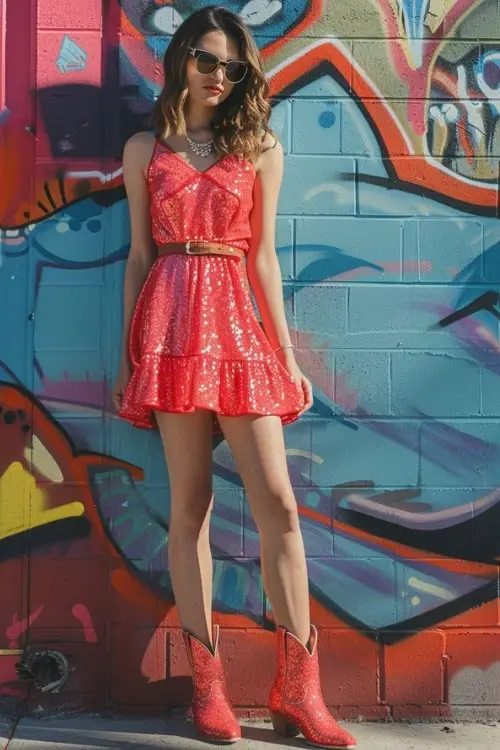 a woman wears sparkly red cowboy boots and a red dress