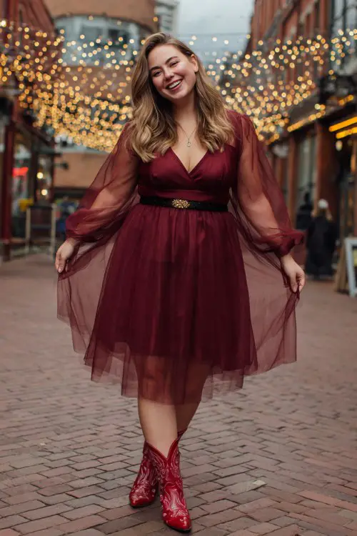 A curvy woman wears a burgundy tulle midi dress with sheer sleeves, paired with embroidered red cowboy boots and a leather belt