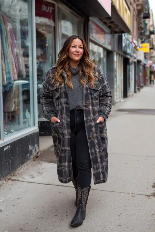 A curvy woman wears black cowboy boots with dark skinny jeans, a chunky gray turtleneck, and a long plaid coat