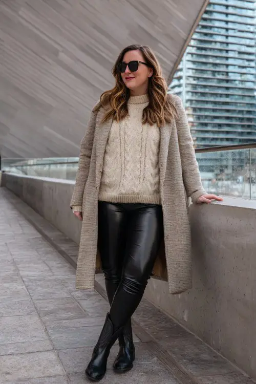 A curvy woman wears black cowboy boots with faux leather leggings, a cream cable-knit sweater, and a structured wool coat