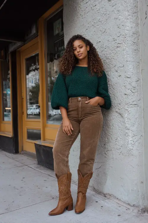 A curvy woman wears brown tall cowboy boots with high-waisted jeans and a dark green knit top