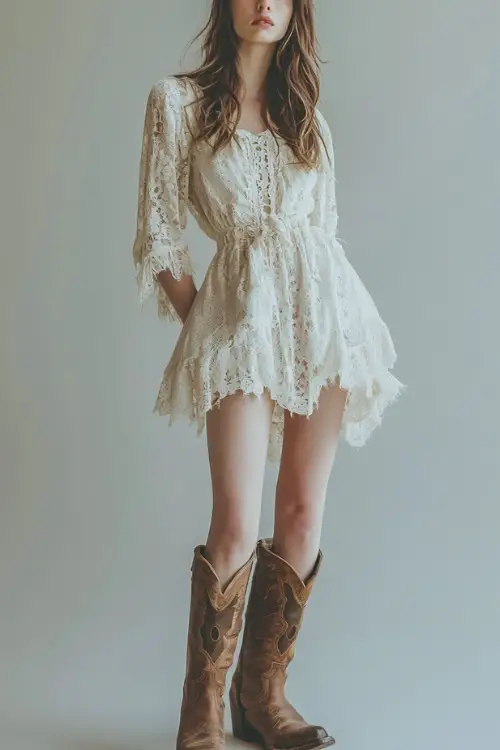 A fashion-forward woman in a vintage-inspired lace ivory dress, styled with rustic cowboy boots