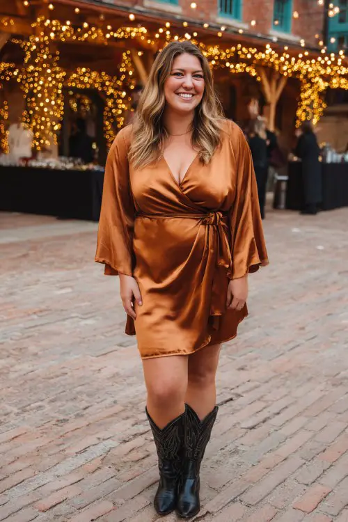 A plus size woman wears a copper satin wrap dress with flowy sleeves, paired with black cowboy boots 